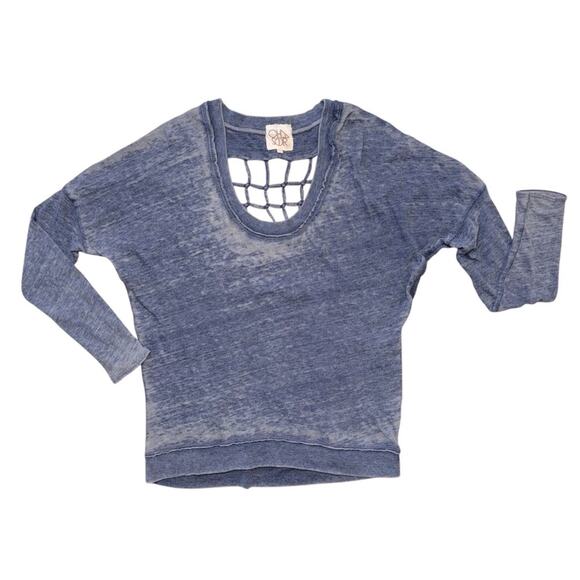 CHASER Women’s Blue Semi Sheer Elbow Sleeve Cut Out Open Back Scoop Neck Top - Picture 1 of 8